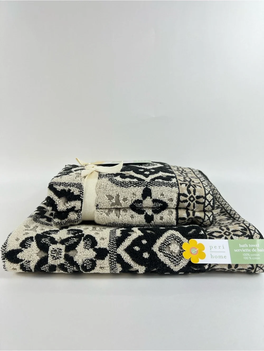 Peri Home Bath Towel Set Black Cream Floral Design 100% Cotton 3 Pc Set NEW